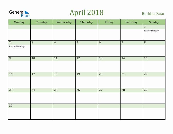 April 2018 Calendar with Burkina Faso Holidays