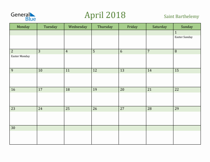 April 2018 Calendar with Saint Barthelemy Holidays