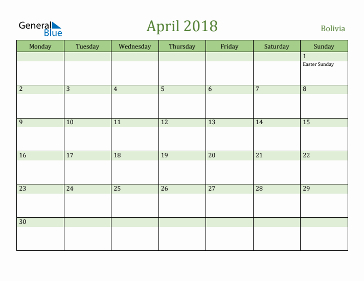 April 2018 Calendar with Bolivia Holidays