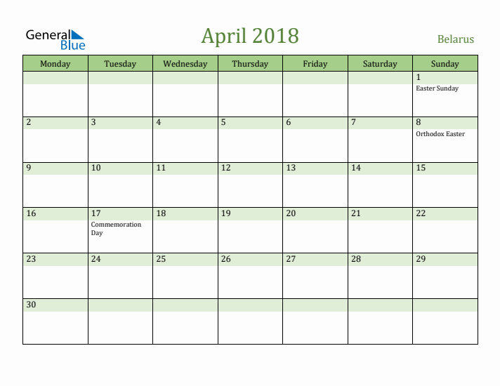 April 2018 Calendar with Belarus Holidays