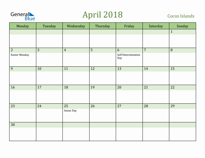 April 2018 Calendar with Cocos Islands Holidays