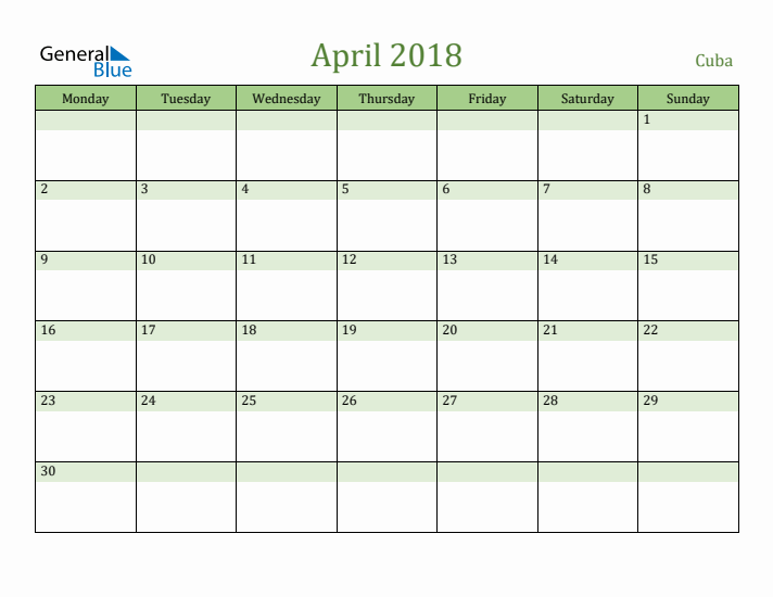 April 2018 Calendar with Cuba Holidays