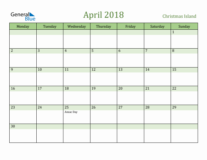 April 2018 Calendar with Christmas Island Holidays