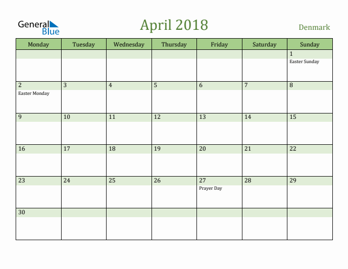 April 2018 Calendar with Denmark Holidays