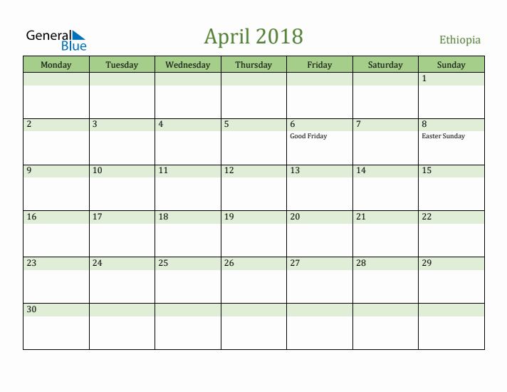 April 2018 Calendar with Ethiopia Holidays