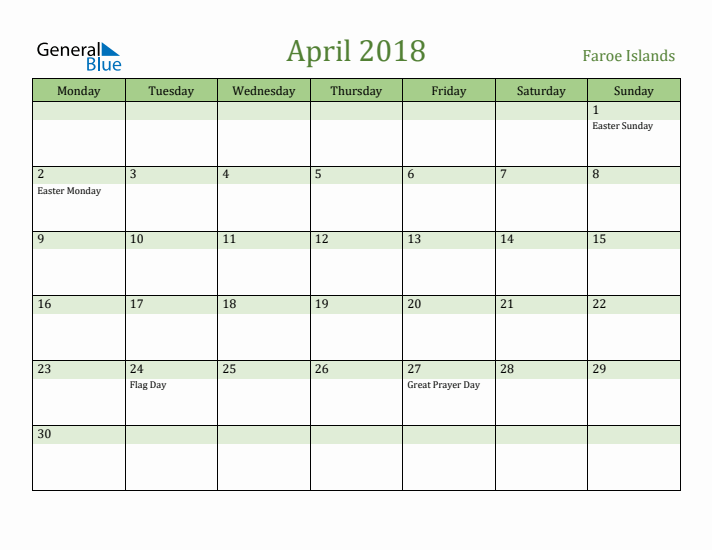 April 2018 Calendar with Faroe Islands Holidays