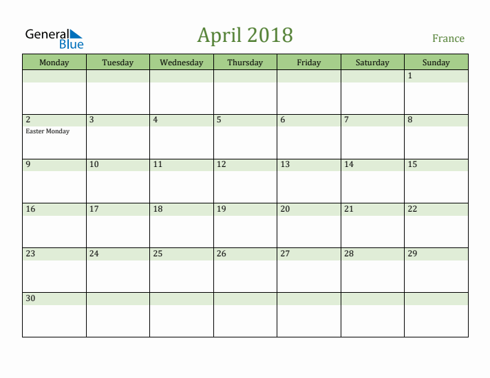 April 2018 Calendar with France Holidays