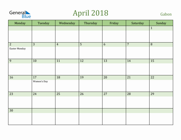 April 2018 Calendar with Gabon Holidays