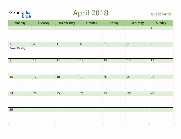 April 2018 Calendar with Guadeloupe Holidays