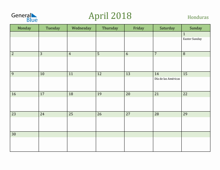 April 2018 Calendar with Honduras Holidays