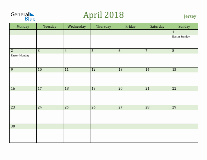 April 2018 Calendar with Jersey Holidays