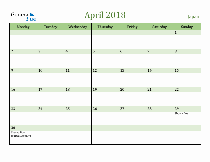 April 2018 Calendar with Japan Holidays