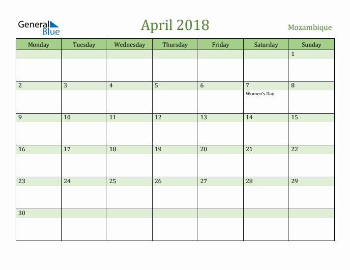 April 2018 Calendar with Mozambique Holidays