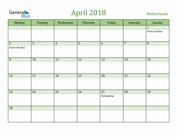 April 2018 Calendar with The Netherlands Holidays