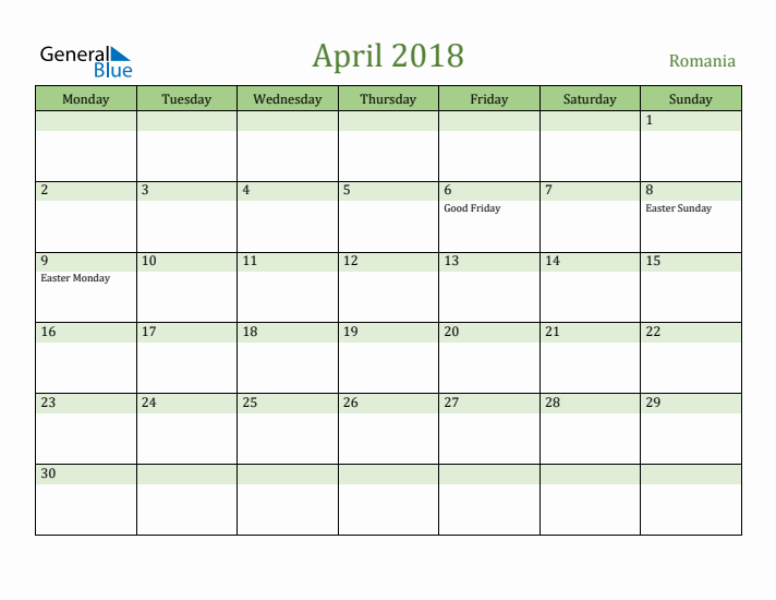 April 2018 Calendar with Romania Holidays