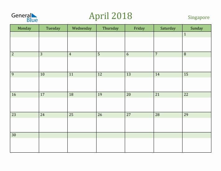 April 2018 Calendar with Singapore Holidays