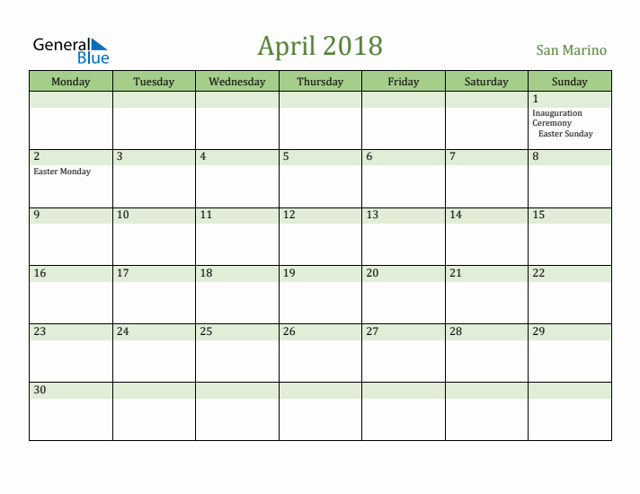 April 2018 Calendar with San Marino Holidays