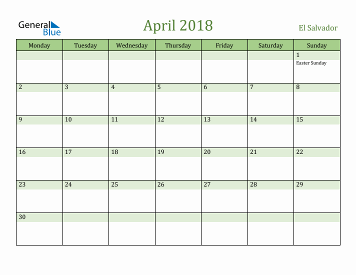 April 2018 Calendar with El Salvador Holidays