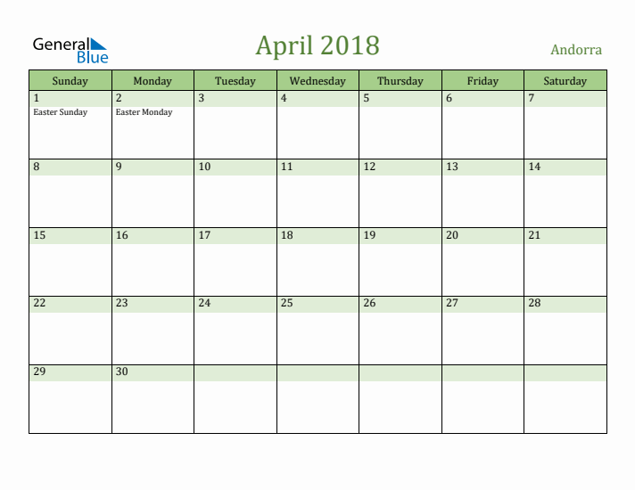 April 2018 Calendar with Andorra Holidays