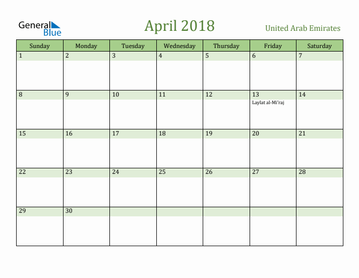 April 2018 Calendar with United Arab Emirates Holidays