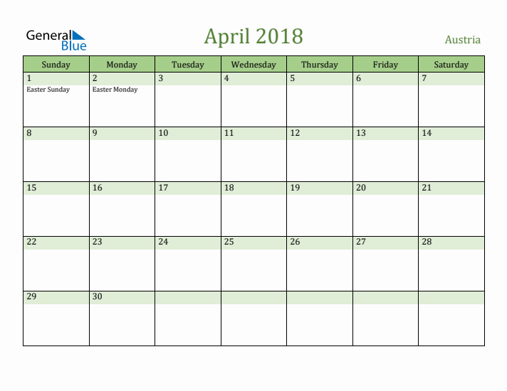 April 2018 Calendar with Austria Holidays