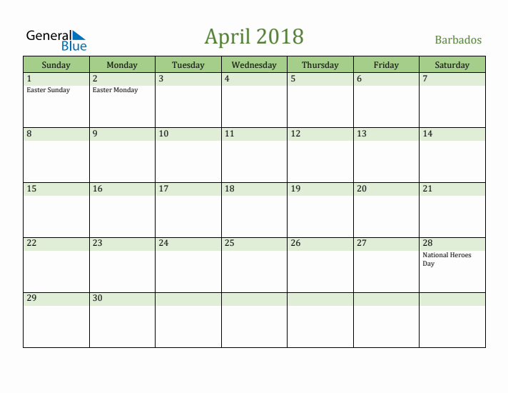 April 2018 Calendar with Barbados Holidays