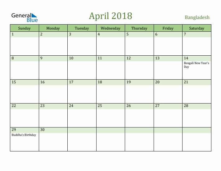 April 2018 Calendar with Bangladesh Holidays