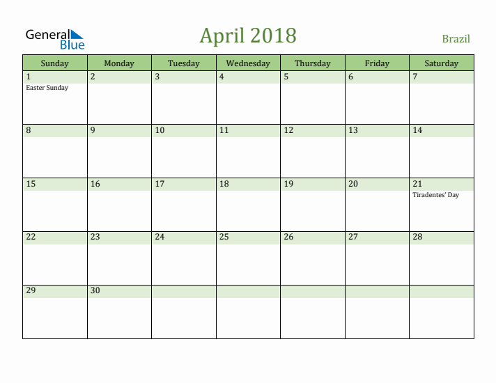 April 2018 Calendar with Brazil Holidays