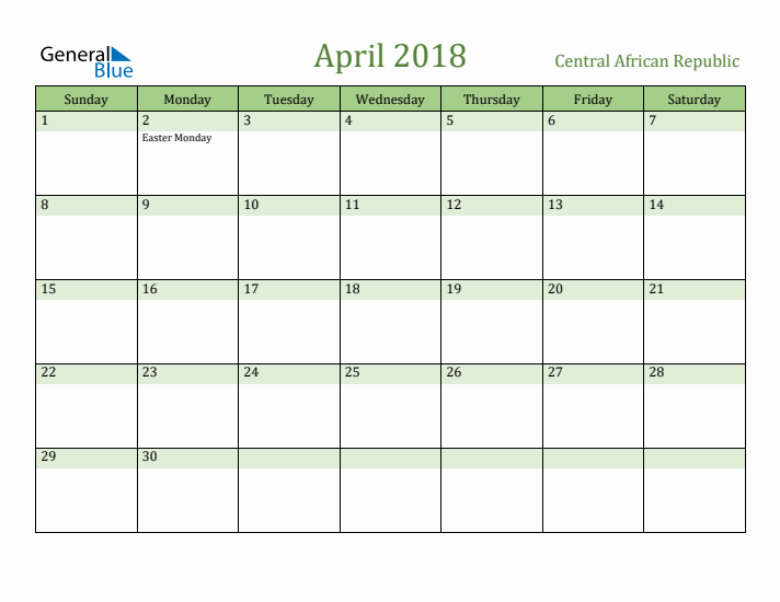 April 2018 Calendar with Central African Republic Holidays