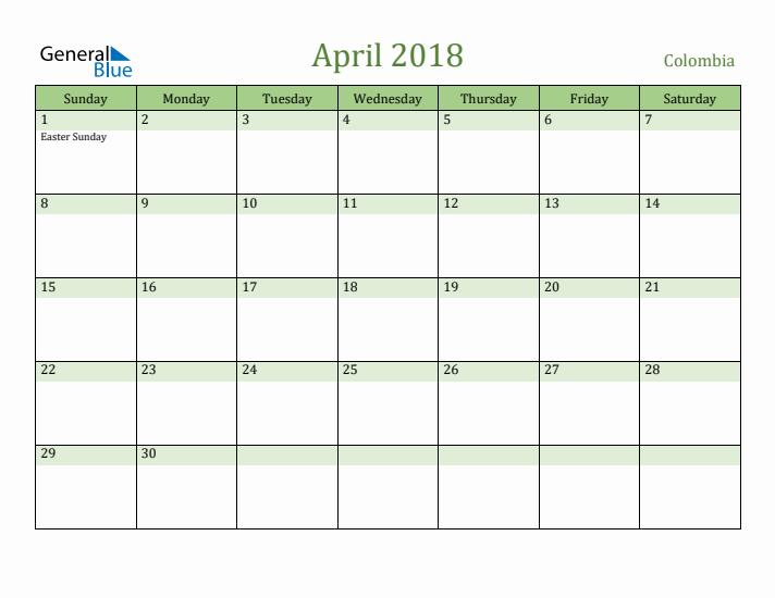 April 2018 Calendar with Colombia Holidays