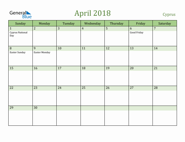 April 2018 Calendar with Cyprus Holidays