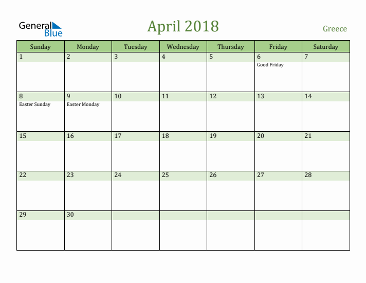 April 2018 Calendar with Greece Holidays