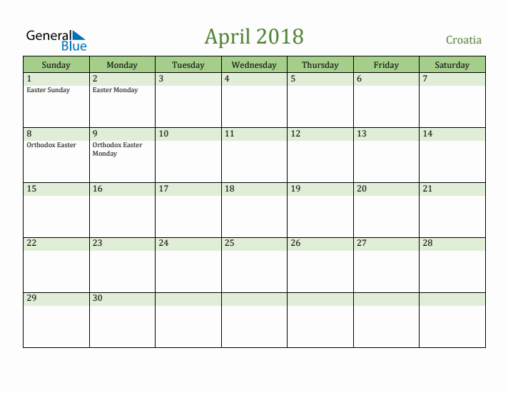 April 2018 Calendar with Croatia Holidays