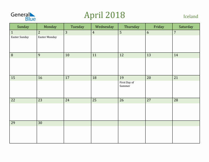 April 2018 Calendar with Iceland Holidays