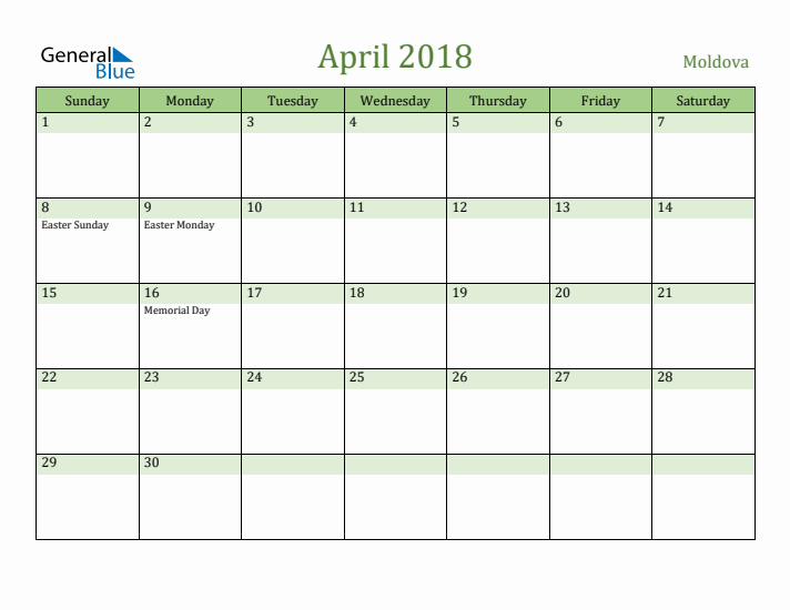 April 2018 Calendar with Moldova Holidays