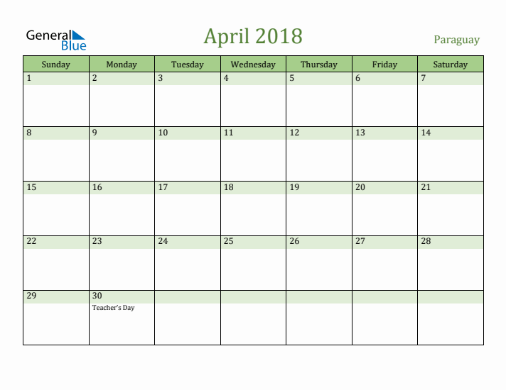 April 2018 Calendar with Paraguay Holidays