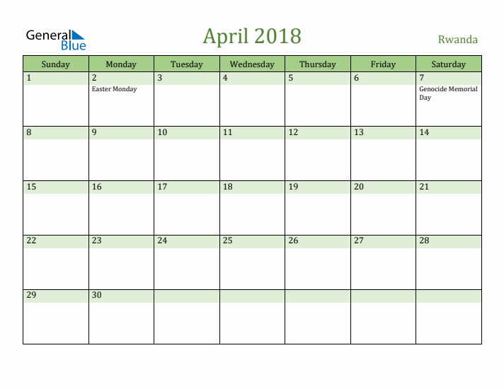 April 2018 Calendar with Rwanda Holidays