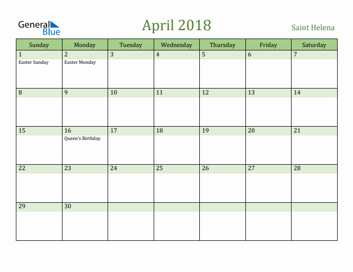 April 2018 Calendar with Saint Helena Holidays