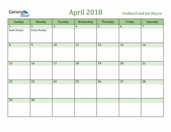 April 2018 Calendar with Svalbard and Jan Mayen Holidays