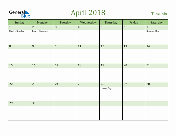 April 2018 Calendar with Tanzania Holidays