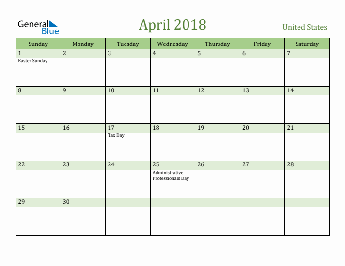 April 2018 Calendar with United States Holidays