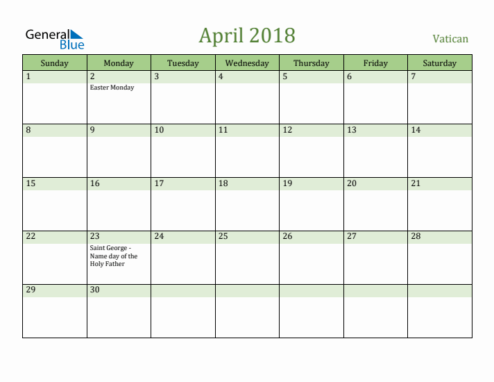 April 2018 Calendar with Vatican Holidays