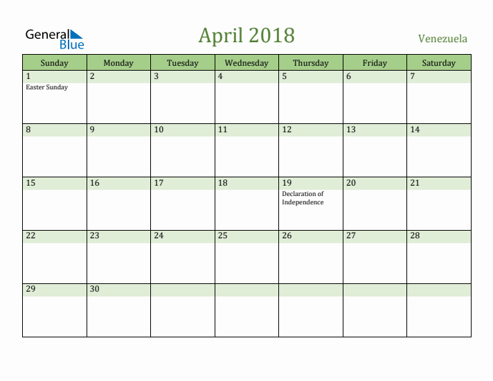 April 2018 Calendar with Venezuela Holidays