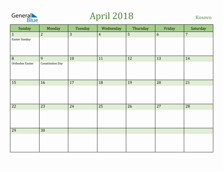 April 2018 Calendar with Kosovo Holidays