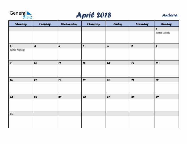 April 2018 Calendar with Holidays in Andorra