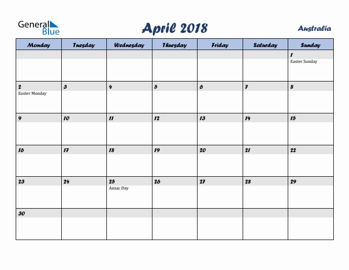 April 2018 Calendar with Holidays in Australia