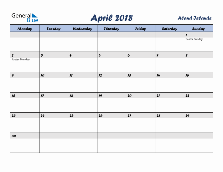 April 2018 Calendar with Holidays in Aland Islands