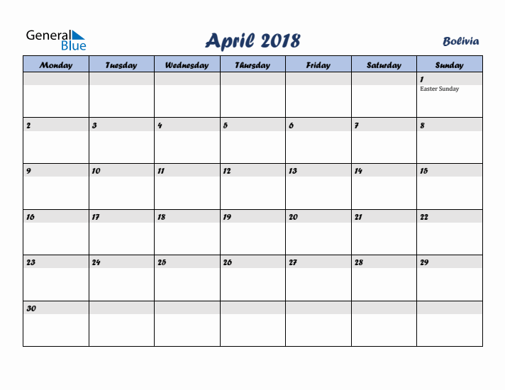 April 2018 Calendar with Holidays in Bolivia