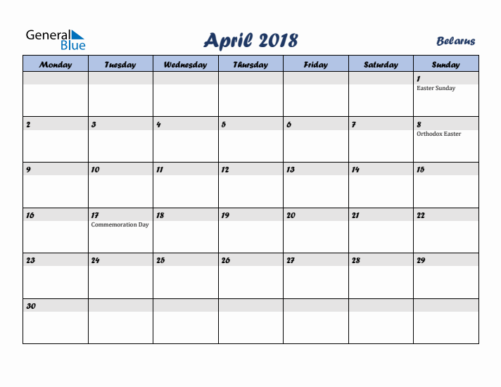 April 2018 Calendar with Holidays in Belarus