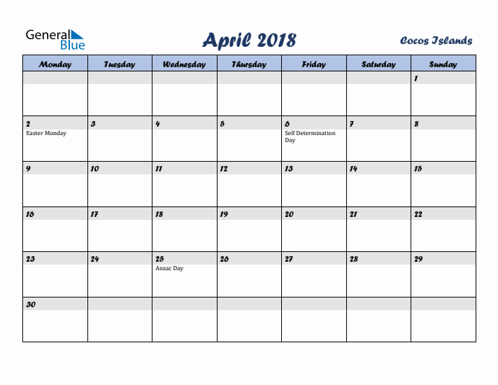 April 2018 Calendar with Holidays in Cocos Islands